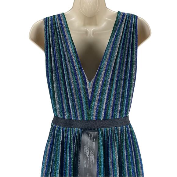 BCBGMaxAzria Metallic Striped Pleated Evening Gown Green Blue Size XXS - Picture 10 of 14